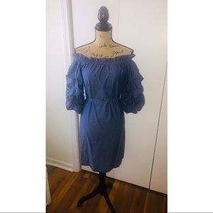 NEW YORK & CO. JEAN-LIKE BLUE OFF-THE-SHOULDER TIE WAIST MINI DRESS SIZE SMALL